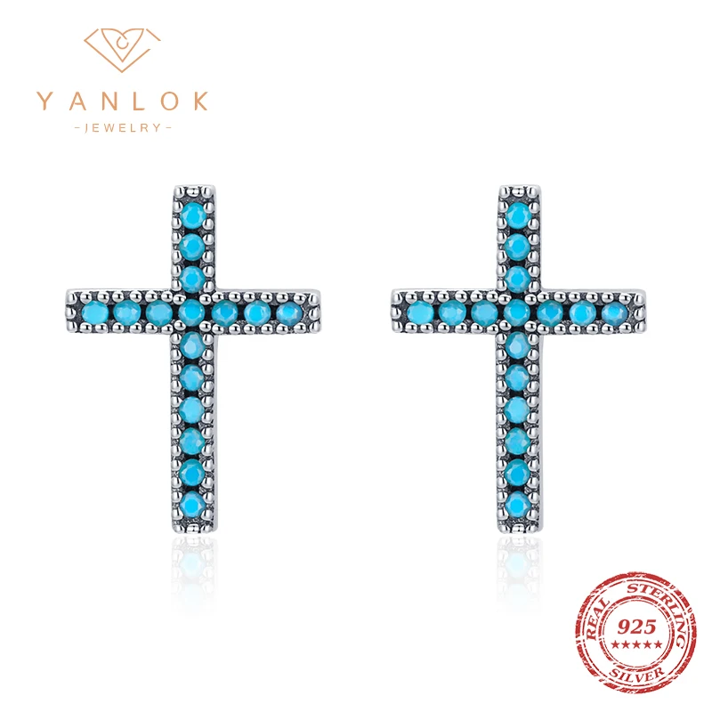 

YANLOK Authentic 925 Sterling Silver Classic Faith Cross Turquoise Stud Earrings For Women Female Fine Jewelry Birthday Gifts