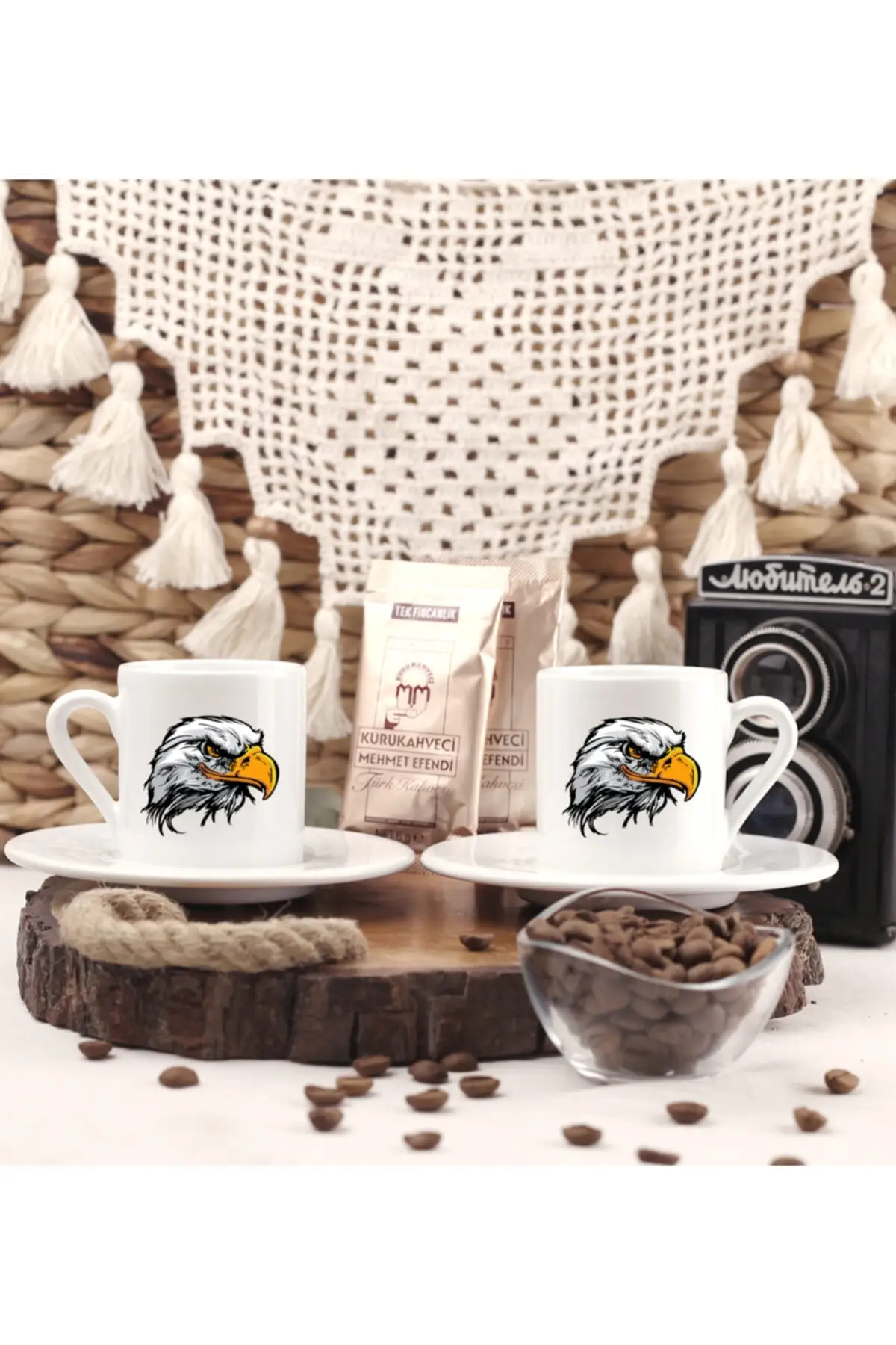 Набор из 2 кофейных чашек белого цвета с керамической фигуркой орла | Дом и сад