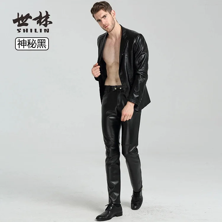 

HOHO 2020 men's clothing zipper leather pants youth pile splicing PU trousers