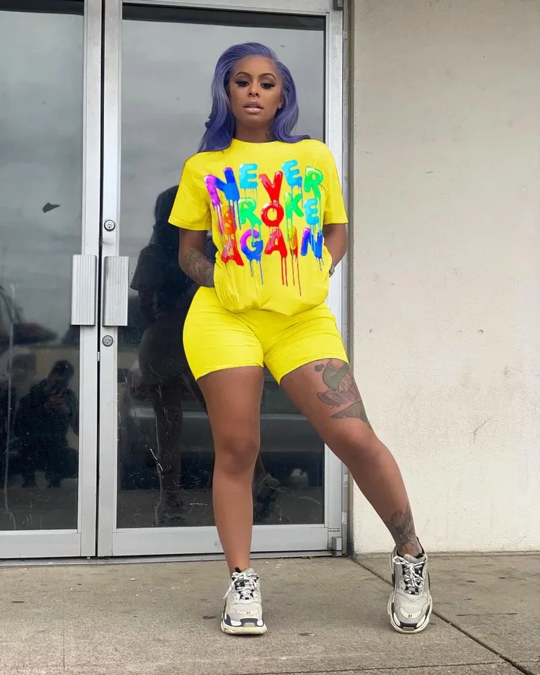 

Colorful Letter Print Two Piece Set Summer Hot Sale Streetwear Women O Neck Pocket T-shirt And Matched Shorts Tracksuit