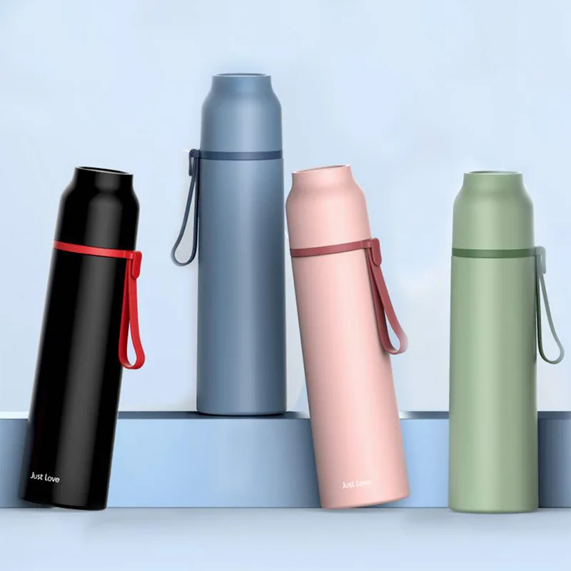 

500ml Fashion Straight Stainless Steel Thermos Bottle Portable Rope Design Vacuum Flask Travel Coffee Cup
