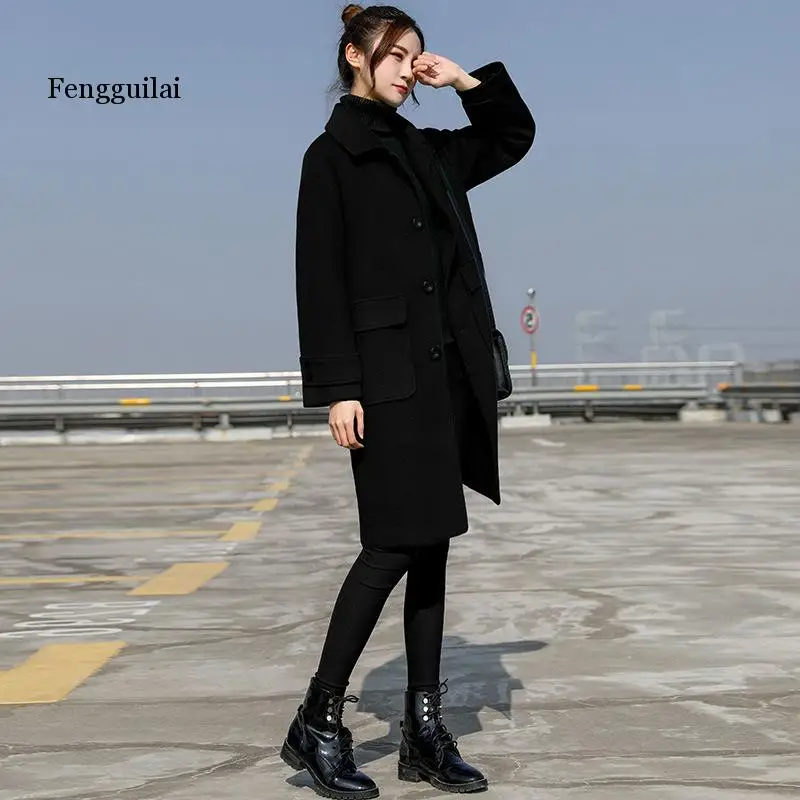 

Solid Medium Long Women Wool Coat Single Breasted Turn Down Collar Large Pocket Autumn/Winter Simple Woolen Coat Outerwear