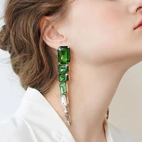 retro crystal green square stone pendant long drop earrings jewelry for women rhinestone geometric statement dangle earrings