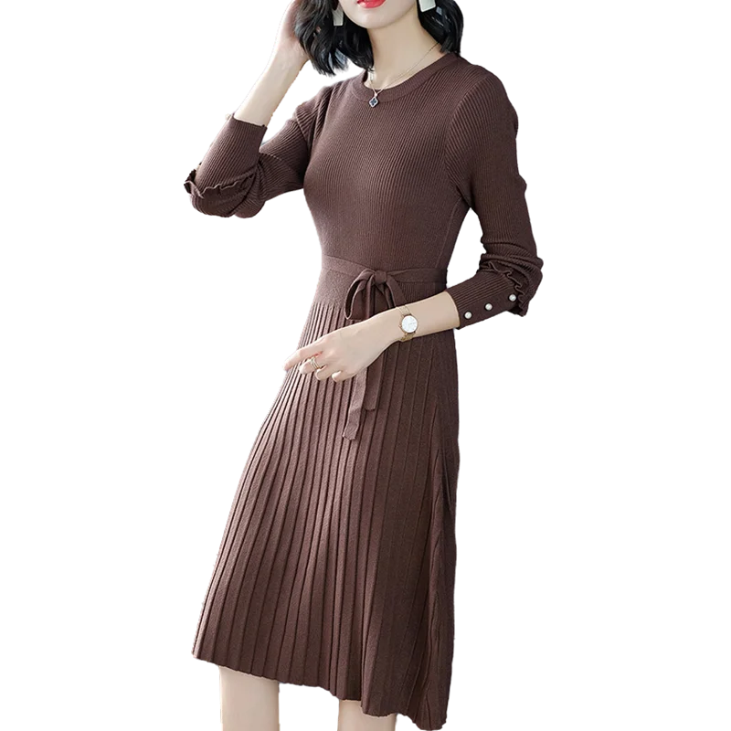 

2021 Knit Dress Women Autumn Winter Korean Style Slim-Fit Over-The-Knee Pearl Long-Sleeved Waist Bottoming Sweater Dresses Party