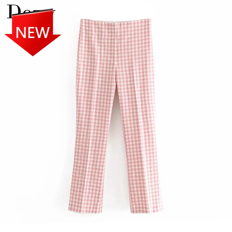 

Pencil Pants Lady Zipper Fly Pink Color Fashion Long Trousers Pantalon Femme Women Plaid Pants Elastic Waist Sheath