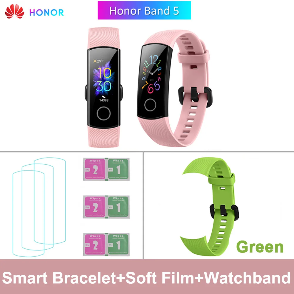 Pink add Green Strap HONOR Band 5 фитнес умный Браслет мониторинг сердечного ритма 5 АТМ водонепроницаемый плавающий Bluetooth 4,2 смарт часы наручные часы - Цвет: Pink add Green Strap
