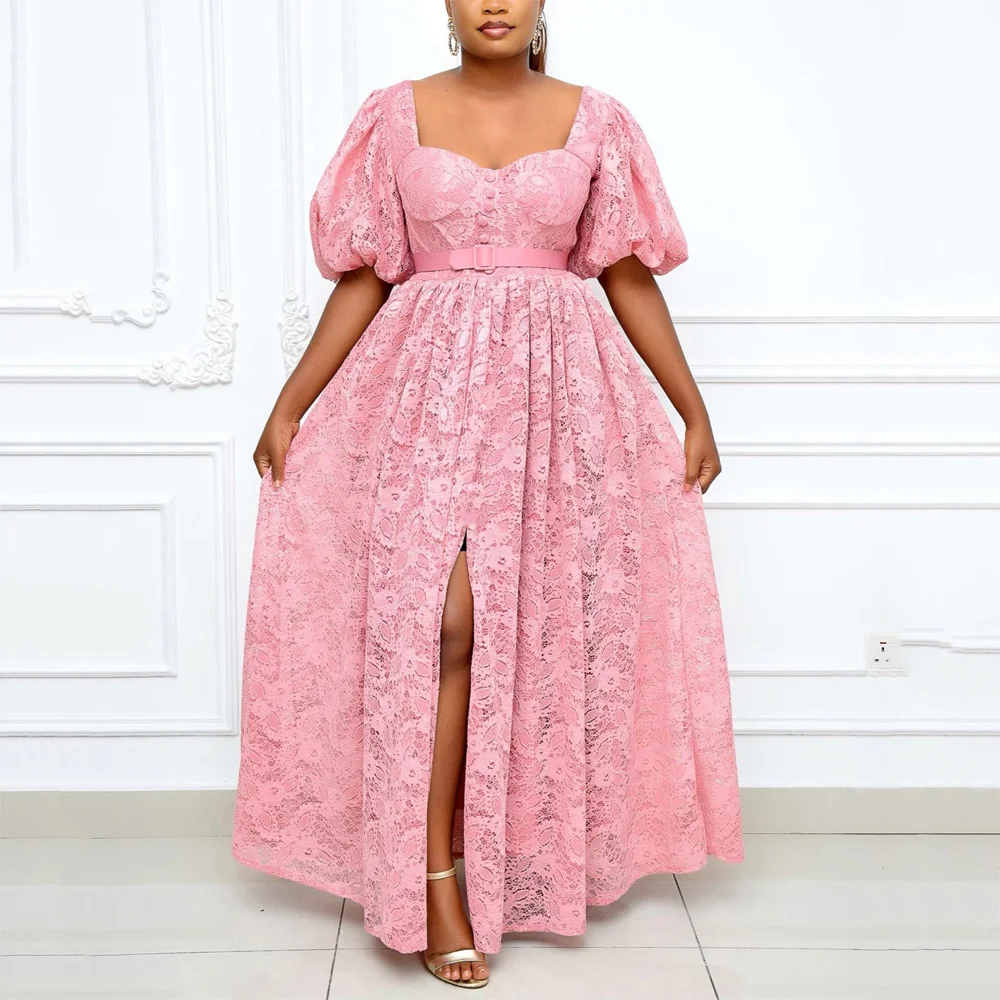 

4XL 5XL Plus Size Pink Lace Dresses Womens High Waist High Split Ankle Length Elegant Evening Night Party Vestidos Mujer Dress