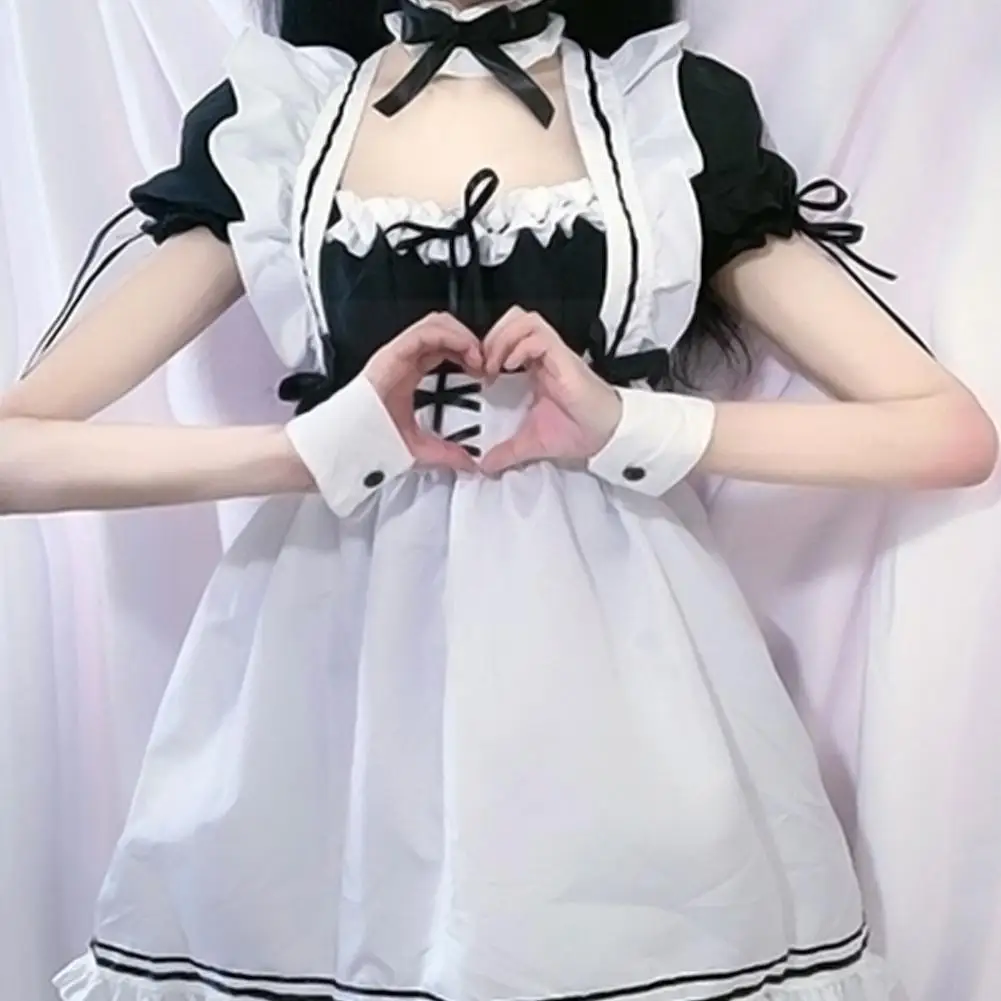 

Anime Long Dress Cafe Costume Cosplay Cute Maid Outfit Dresses Mucama Lolita White Apron Горничная Dress Black A1x2
