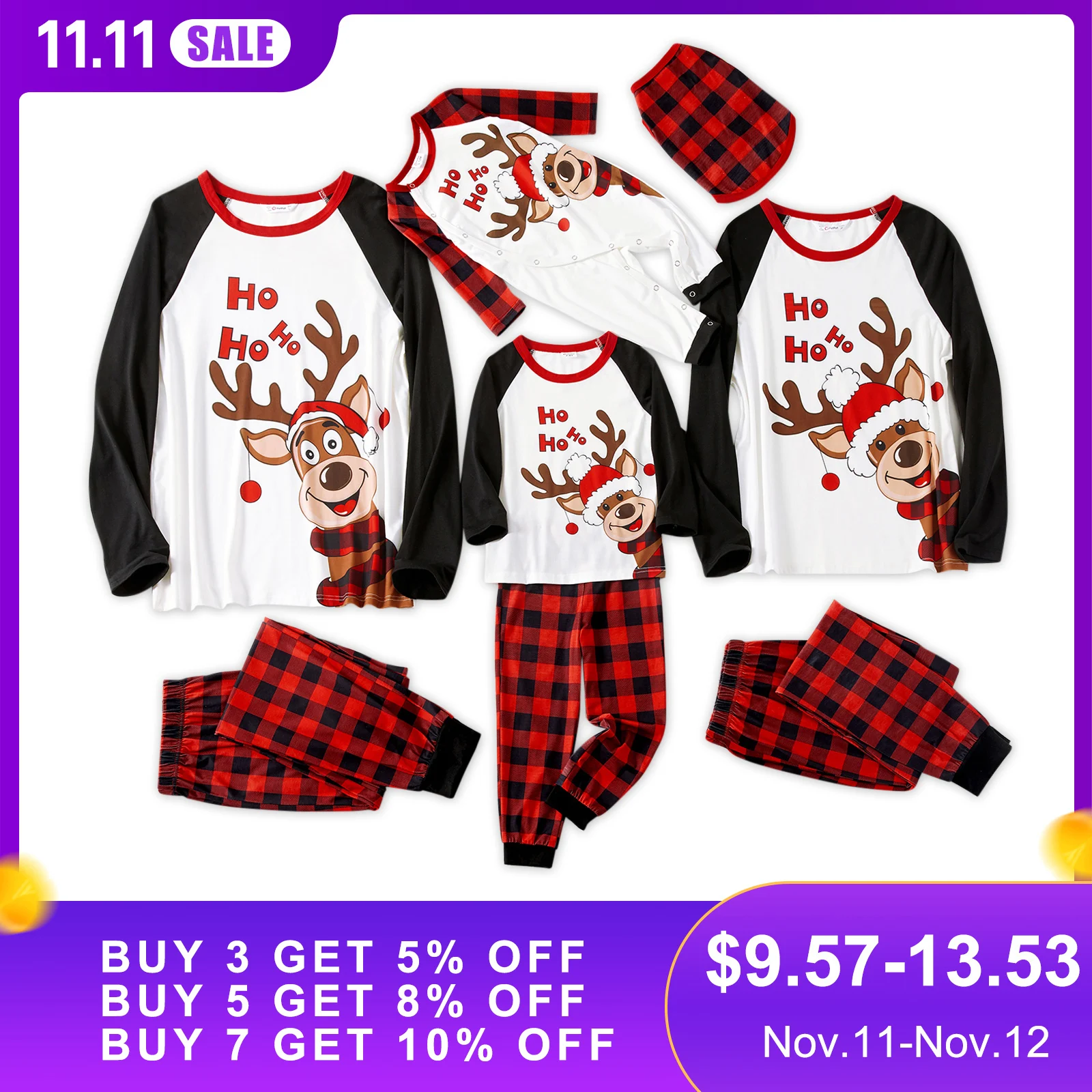 PatPat-Conjunto de pijama familiar de manga larga con estampado de Reno navide&ntilde;o y cuadros rojos, resistente a las llamas-0
