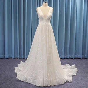 V Neck Wedding Dresses Sequins Crystal Lace Sexy Illusion Court Train Beach Bridal Dress A Line Princess Wedding Gowns Plus Size