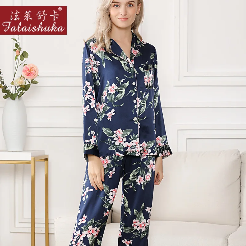 Lady Silk Stain Pajamas Floral Print High Quality 2020 Silk Homewears Spring Summer Full Sleeve Sleepwear Pajamas Sets Female
