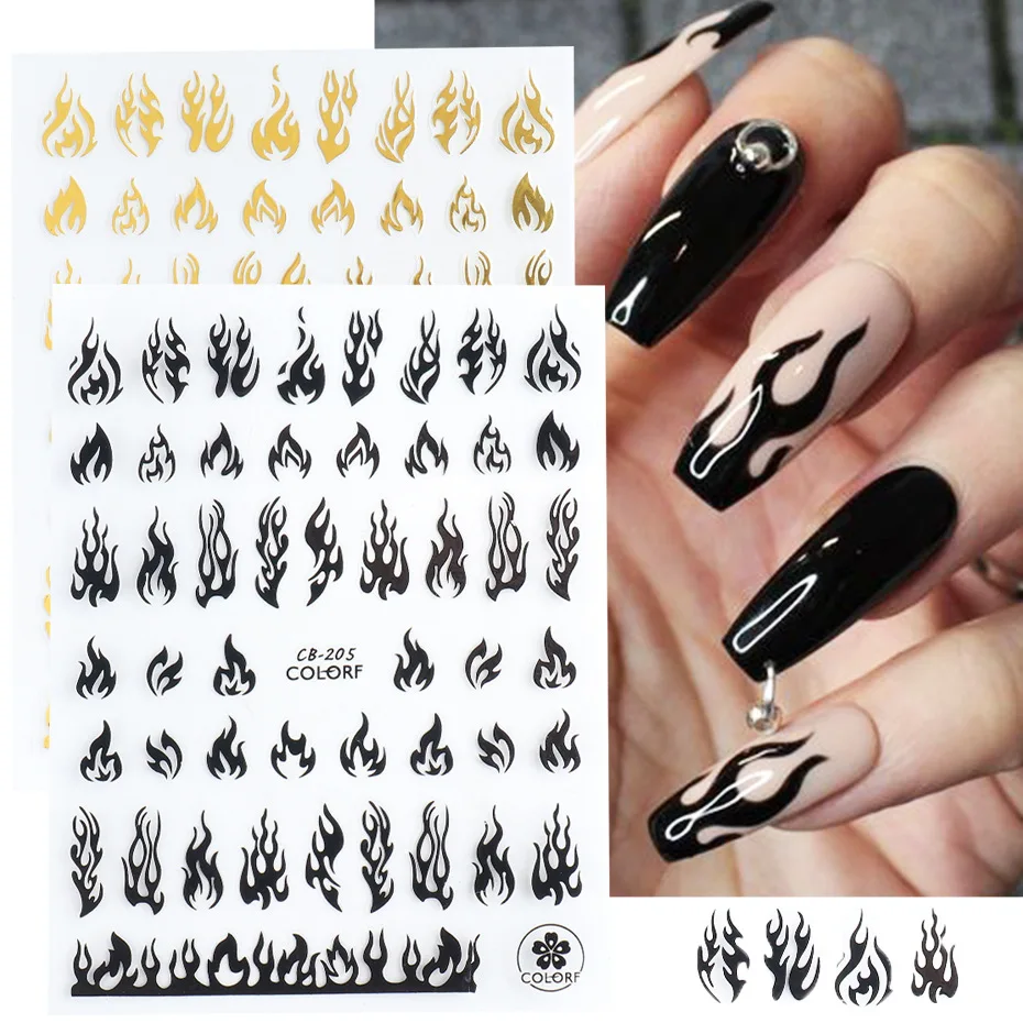 

1Pcs 3D Holographic Fire Flame Nail Stickers Slider Gold Black New Year Manicure Decals DIY Nail Art Decorations Decor Tool