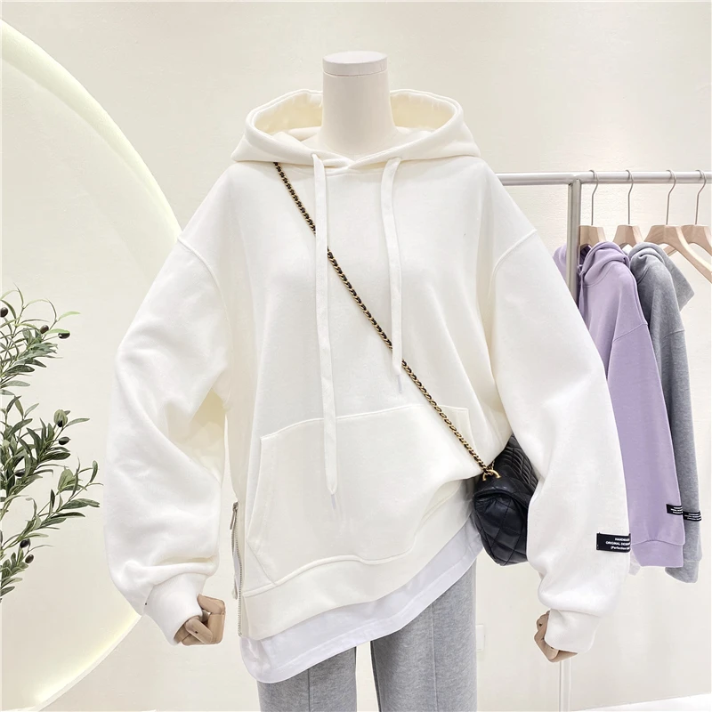 

Spring Hooded Cotton Side Zipper Stitching Fake Two Pieces Pullover Sweatshirt Women's Simple Comfortable Pullover Hoodie Coat