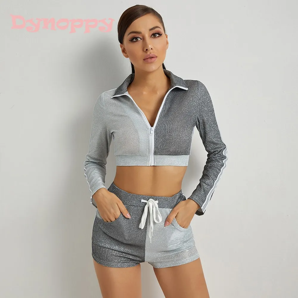 

Модный женский тренировочный костюм dynbusiness, сексуальные блестящие Топы с длинным рукавом, повседневная одежда, спортивная одежда, облегающ...