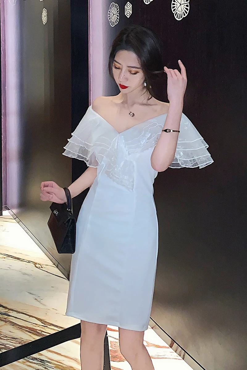 

COIGARSAM Patchwork Women dress New V-Neck Dresses White 3963