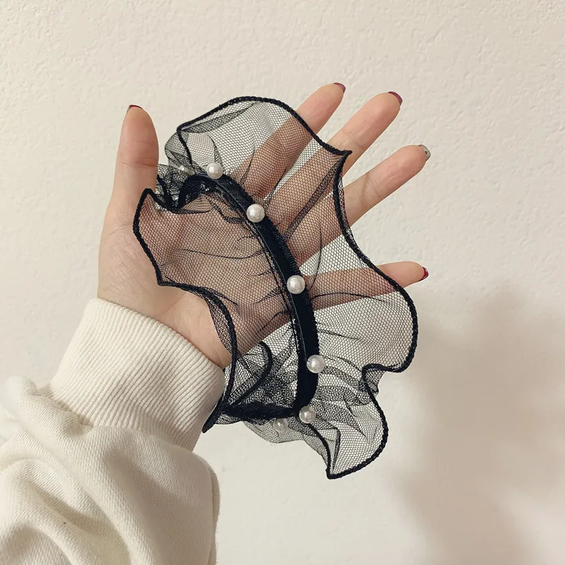 

2021 Fashion Solid Color Gauze Pearl Bohemia Hairband Hairpin Headwear Girls Woman Oversized Headband Bezel Hair Accessories