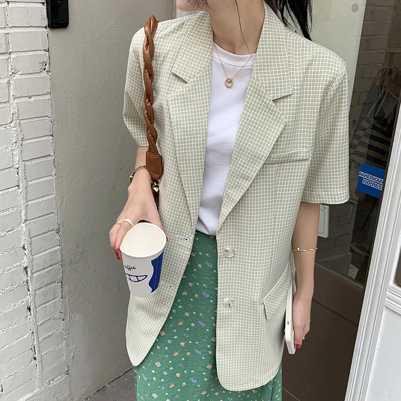

HziriP Short Sleeves Sweet Geometric Stylish Femme Gentle Coats 2021 New Arrival Streetwear Summer OL Casual All-Match Blazers