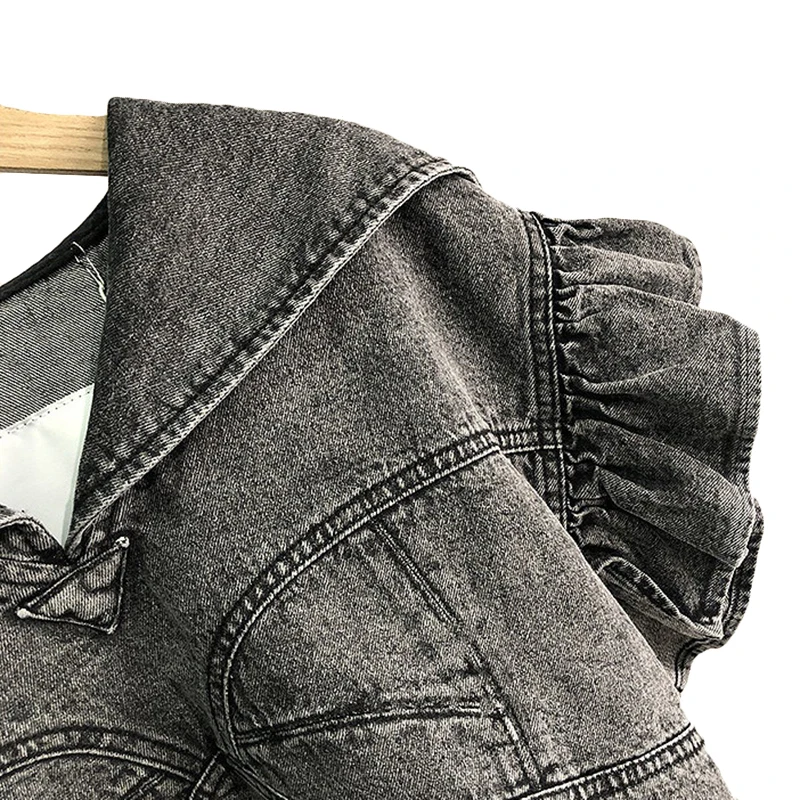 

TWOTWINSTYLE Denim Patchwork Ruffle Tops For Women V Neck Short Sleeve Casual Short T Shirts Female Fashion New Clothing 2021