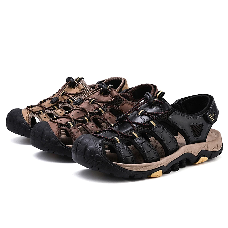 

Genuine Leather Men Sandals Summer Fashion Design Hollow Out Casual Beach Shoes Men Soft Bottom Outdoor Sandals Big Size 38-46