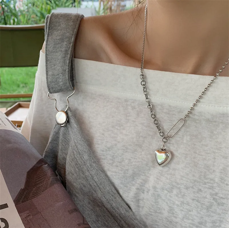 

925 Silver Women Vintage Heart Pendant Necklace Girls Stylish Retro Style Make Old Distressed Weaving Curb Chain Sweater Chokers
