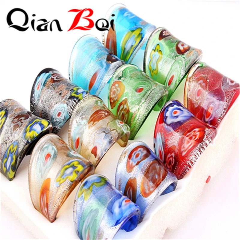 

QianBei Wholesale 12pcs Fashion Multicolor Pattern Series Glass Crystal Charm Men Women Rings Party
