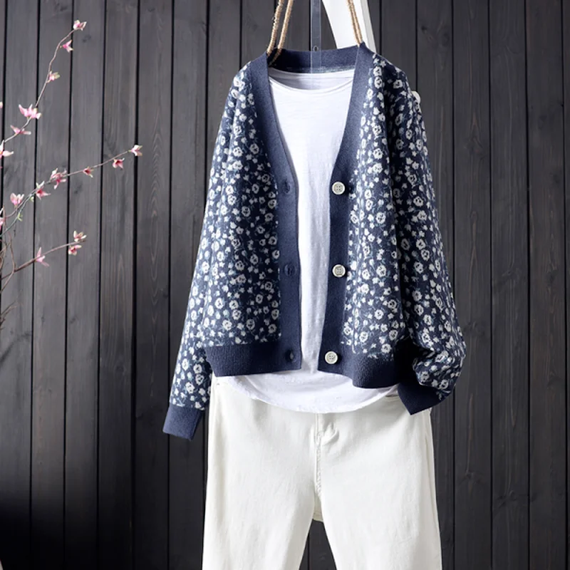 

Knitted Leopared Women Sweater Cardigan Winter Vintage 2021 V-Neck Long-Sleeved Loose Thicken Warm Female Outwear Coats Tops