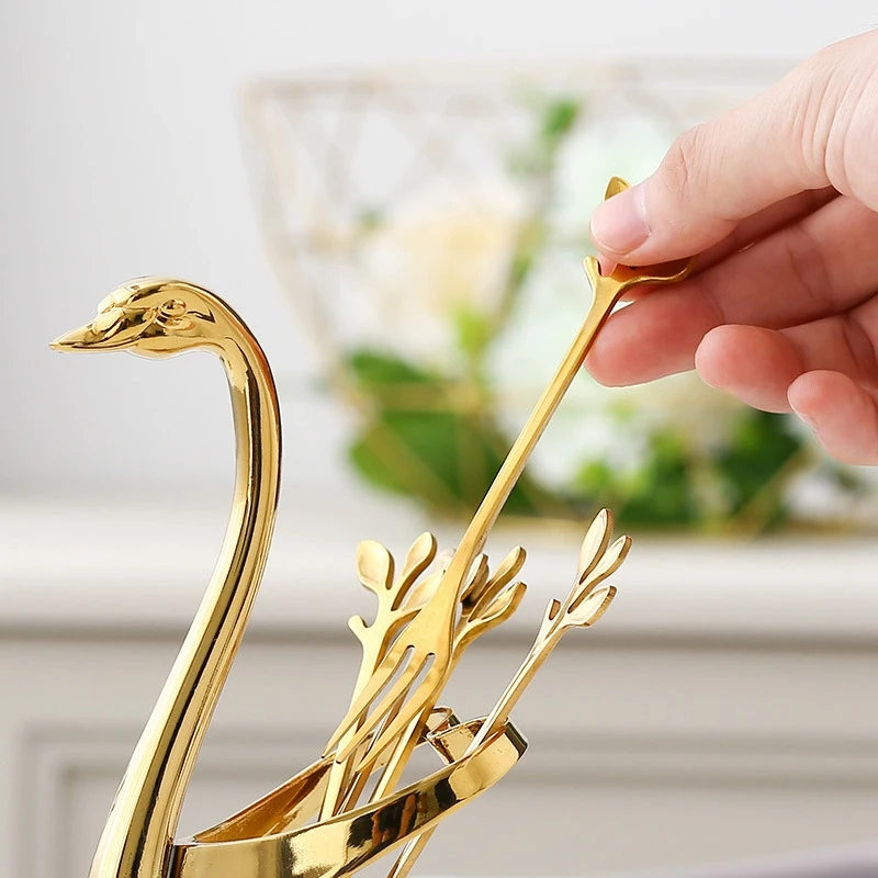 

Stainless Steel Dinnerware Set Swan Base Holder with Forks and Spoons for Coffee, Fruit, Dessert, Stir, Cake