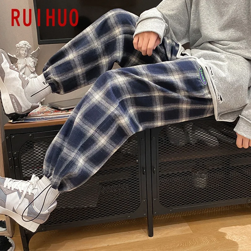Повседневные мужские клетчатые брюки RUIHUO мужская одежда в стиле Харадзюку