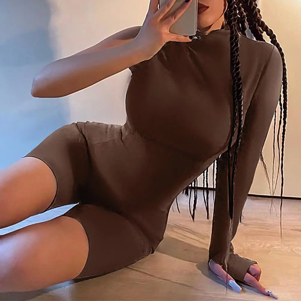 

Women Rompers Spring Long Sleeve One Shoulder Thumb Hole Zipper Playsuit Fashion Solid Color Skinny Casual Jumpsuits 2021
