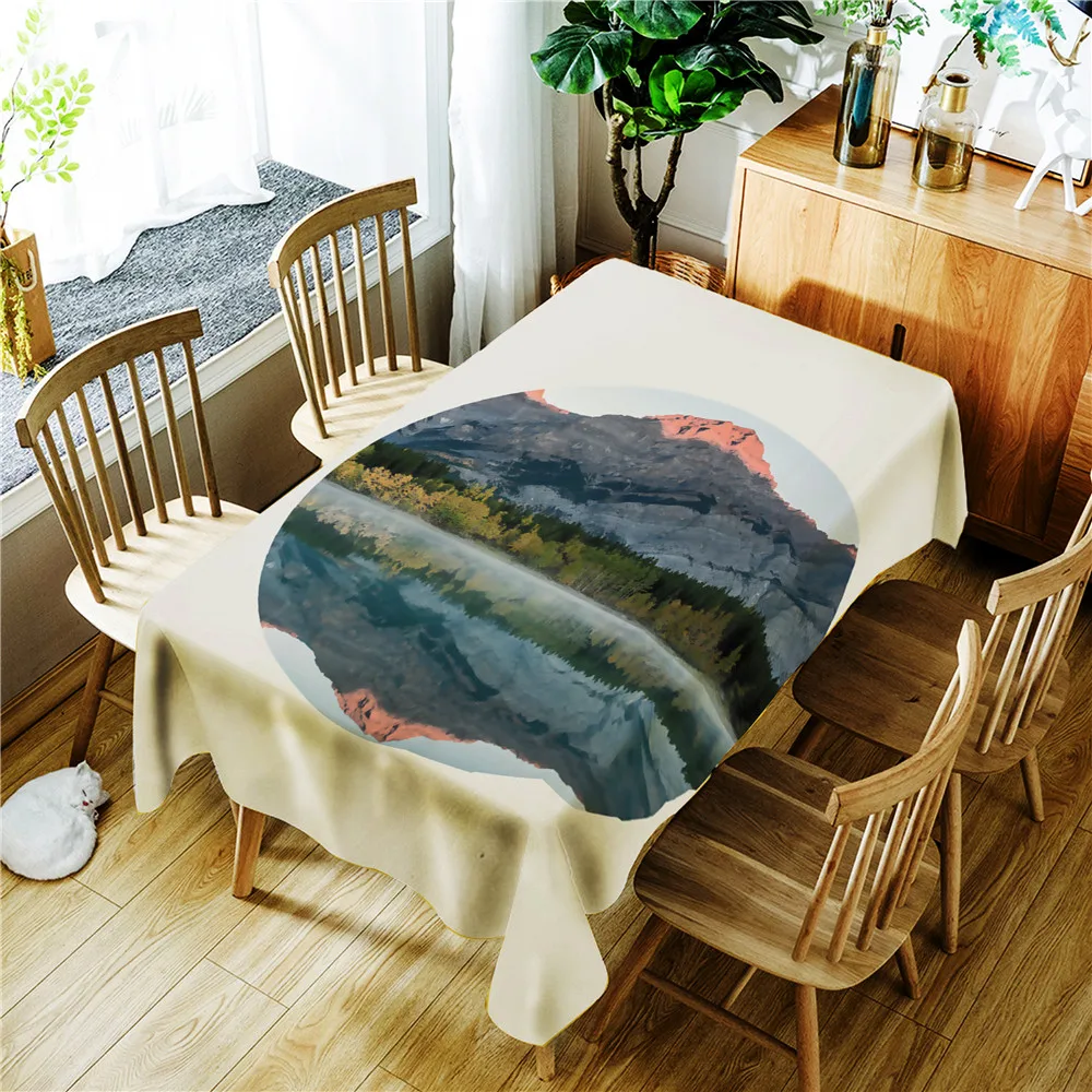 

New Mountain Water Reflection Printing Polyester Waterproof Tablecloth Washable Dustproof Rectangular Table Cloth Hot Sale