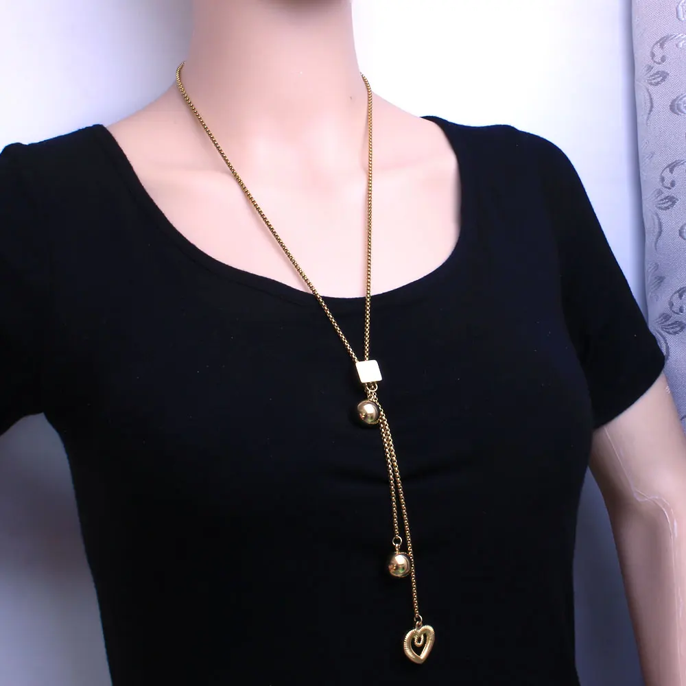 

60cm Long Charm Sweater Gold Color Stainless Steel Jewelry Necklace For Woman Romantic Chain Necklace Round Pendant NEIZEKBF