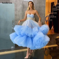 smileven sequins princess prom gowns ankle length tiered puff tulle short evening dress sweetheart neck prom party dresses