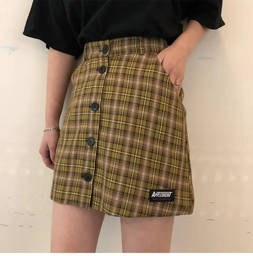 

Simple Plaid Basic Fashion A-line Female Women Size S M L Female Women Vintage Classic Button Line Mini Skirts