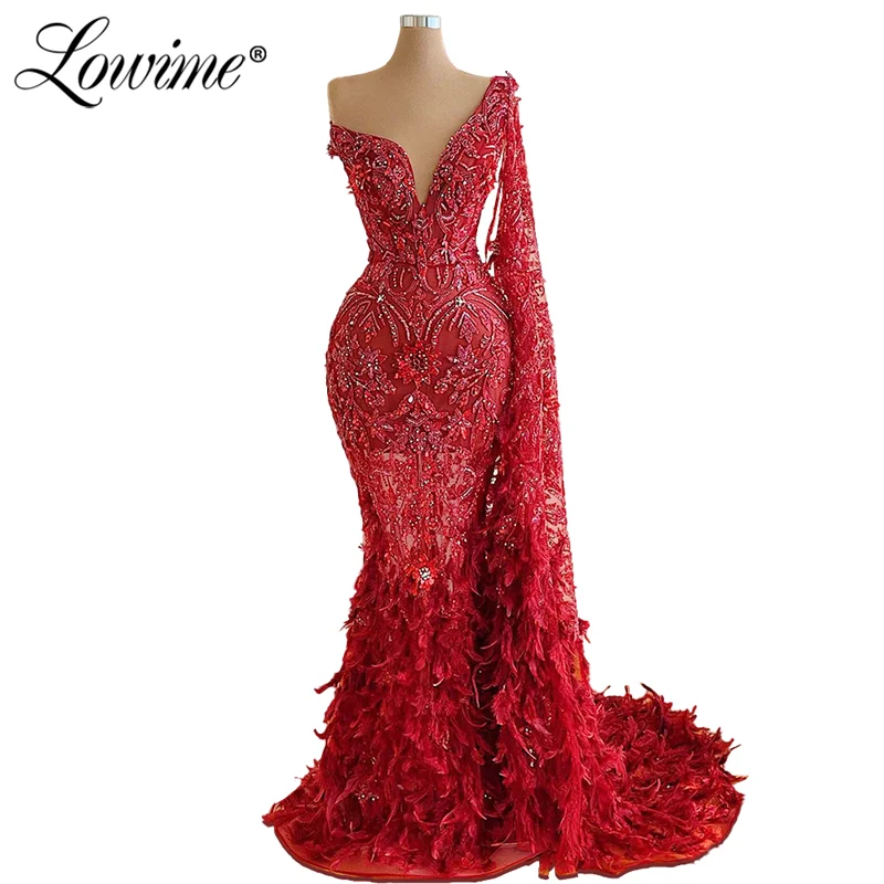 Дубай размера плюс Красное вино перо мусульманское вечернее платье V образным