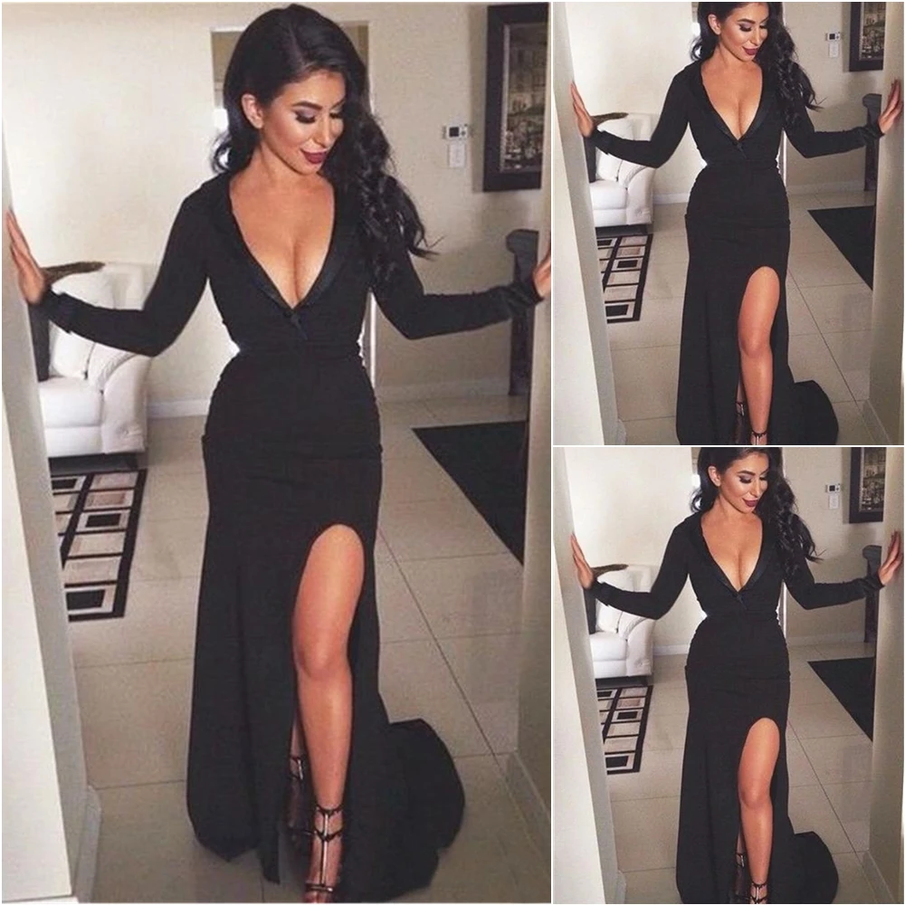 

Mermaid Trumpet Formal Dresses Thigh-High Slits Prom Party Gown Black V-Neck Evening Dress Long Sleeve Floor-Length NONE Train