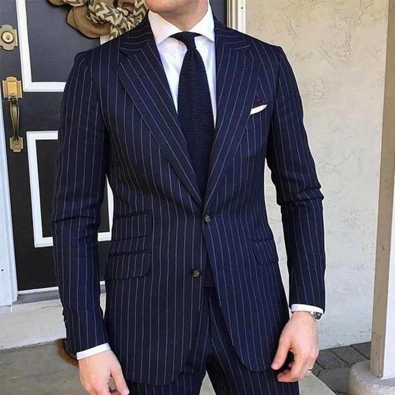 

Pinstripe Slim Fit Men Suits Formal Wedding Tuxedo Notched Lapel 2 Pieces Navy Blue Striped Business Groom Suit Terno Masculino