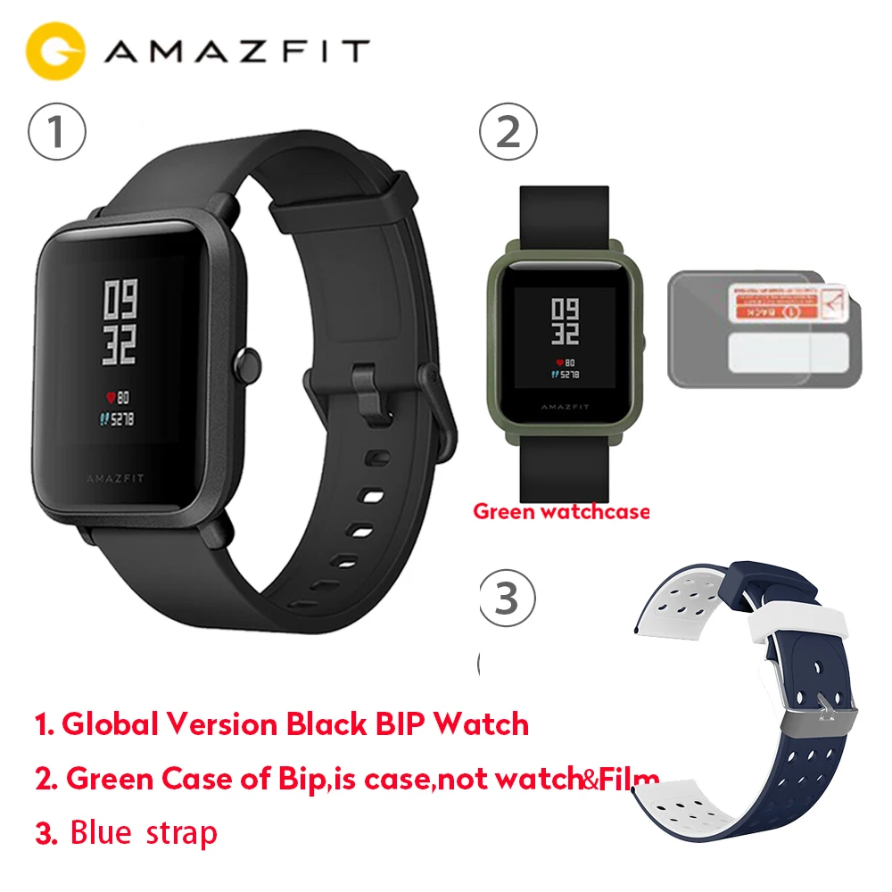 Green CaseBlueStrap Официальные Смарт-часы Amazfit Bip, gps, умные часы, 45 дней в режиме ожидания, монитор сердечного ритма, будильник, вибрация, IP68, водонепроницаемые, напоминание о звонках - Цвет: Green CaseBlueStrap