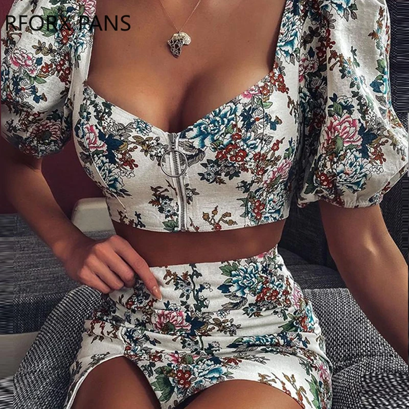 

Women Floral Print Puffed Sleeve Crop Top & Skirt Sets Two Piece Set