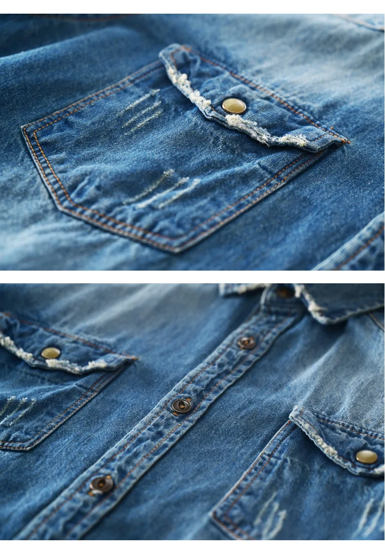 

2021 men's long frayed denim shirts with two pockets turn down collar full sleeve causal jean shirt men blue black
