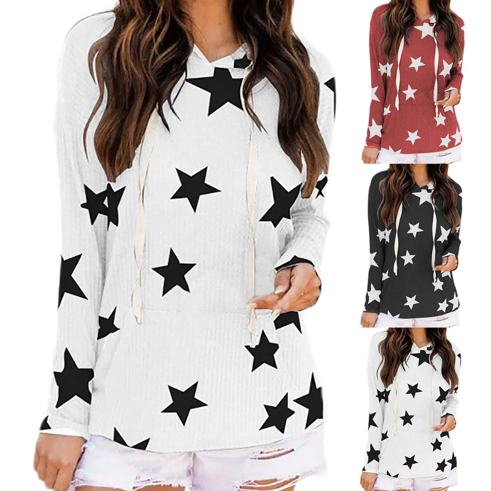 

Hoodies 2021 Women's Casual Five-pointed Star Printing Long Sleeve Hooded Sweater Loose Top Sudaderas MujerSolid Sweatershirt
