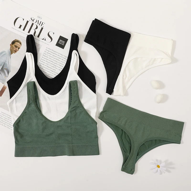 

2PCS Women Bra Set Seamless Underwear Push Up Bra Top Female Unlined Bralette Triangle Neckline Sexy Lingerie Non-Wired Crop Top