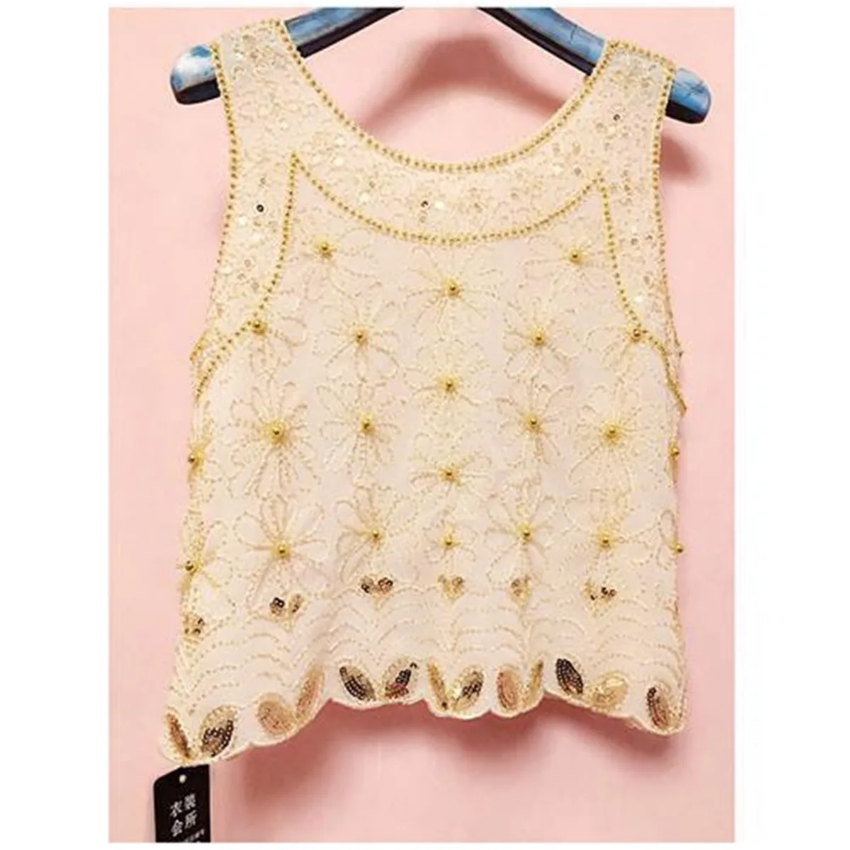 

Sidaimi Handmade Gold Pearls Beaded Fringed Sequins Blouse O-Neck Sleeveless Chiffon Bling luxurious diamond flower vest Top