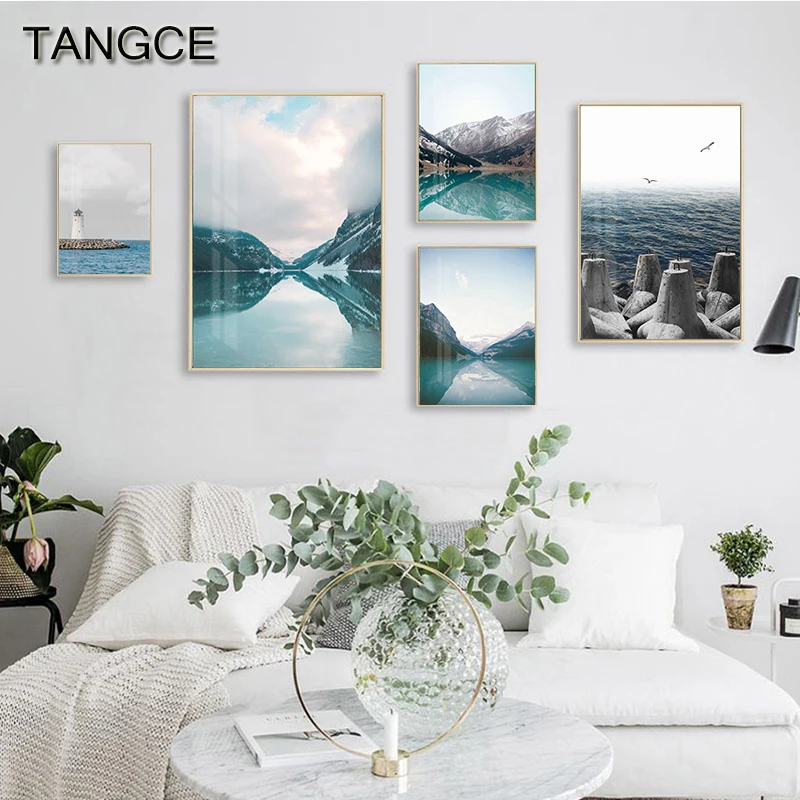 

Nordic Blue White Sea Canvas Painting Abstract HD Landscape Poster N Print Blue Sky Wall Art Picture for Living Room Decoration