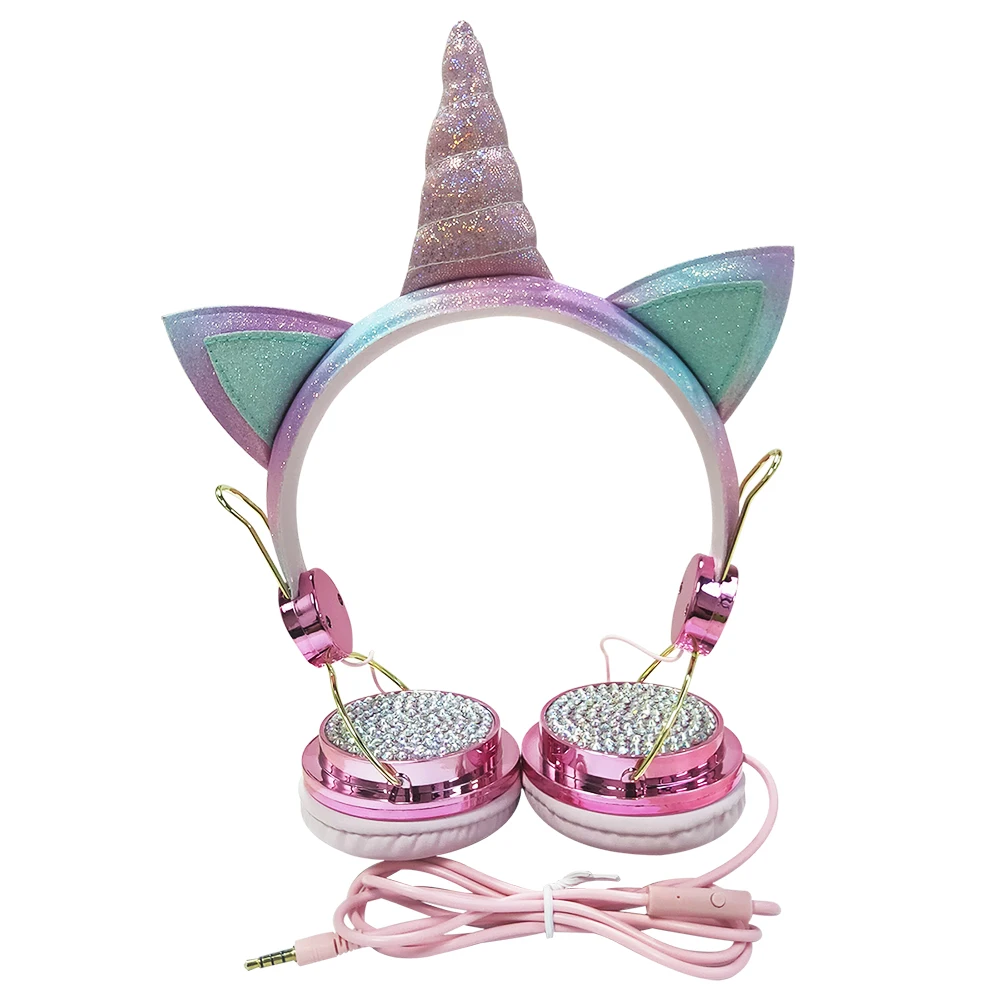 Funny Kids Headset Colorful Diamond Unicorn Headphones Music Stereo Wired Earphones With Gifts Box Christmas Brithday Gifts
