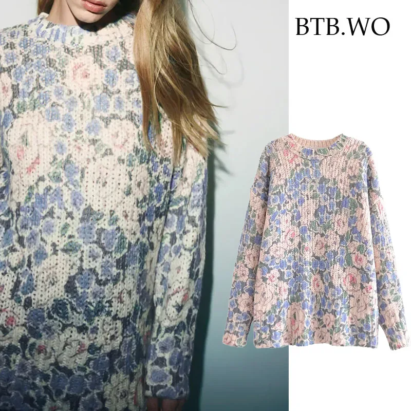 

Женский шерстяной вязаный свитер BTB.WO Za, осенне-зимний пуловер с круглым вырезом и цветочным принтом, теплые Свободные Повседневные свитера ...