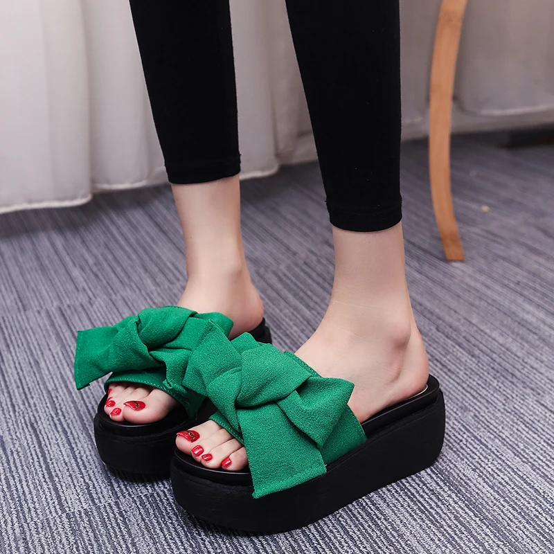 

Peep Toe Shoes Woman 2021 Female Slippers On A Wedge Luxury Slides Heeled Mules Platform New Designer High Rome Fabric PU Rubber