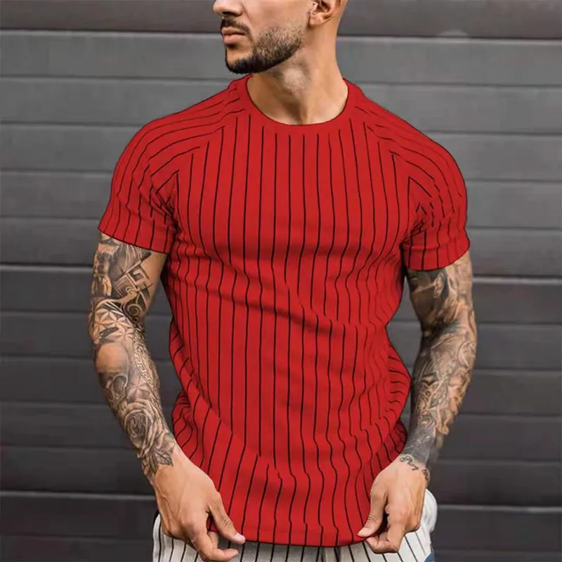 

2021 Summer Men Stripe T-shirt Round Neck Shirt Fashion Short Sleeve Mesh breathes and absorbs sweat Streetwear Clothing