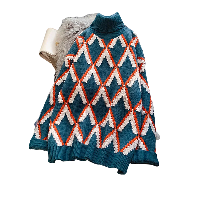 

Модный женский свитер с высоким воротником, Модный Зимний пуловер в Корейском стиле, вязаные женские свитера с длинным рукавом и узором ром...