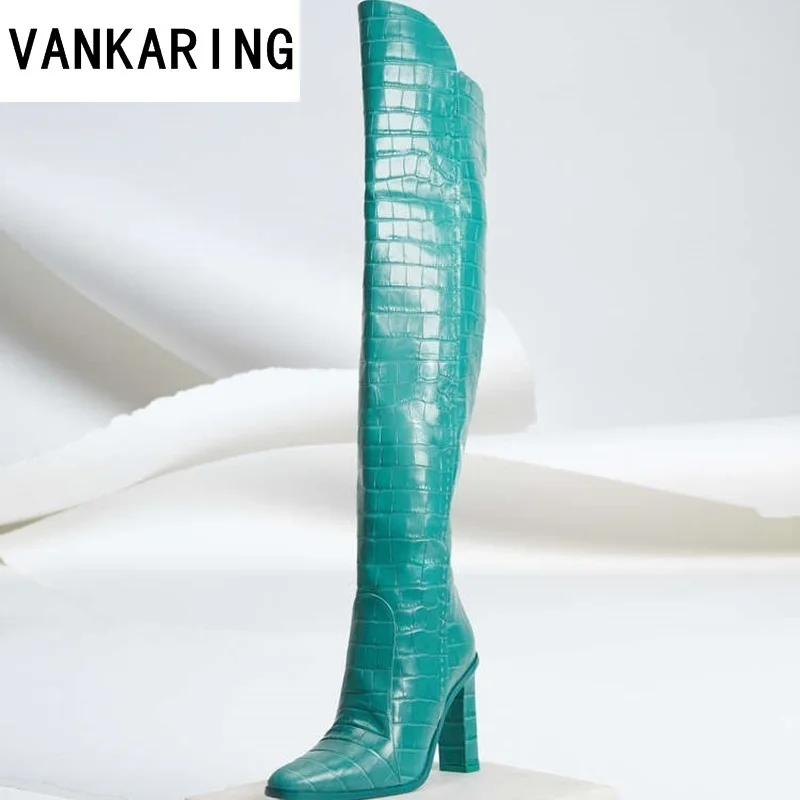 Новые модные брендовые сапоги до колена с острым носком и змеиным принтом из
