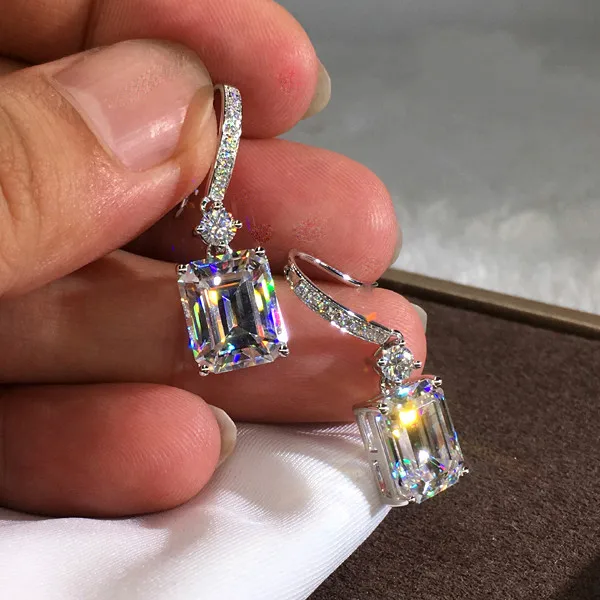 Popular Fine Jewelry 925 Sterling Silver Earrings for Women Luxury Big Square Zircon Stone Wedding Party Earring | Украшения и